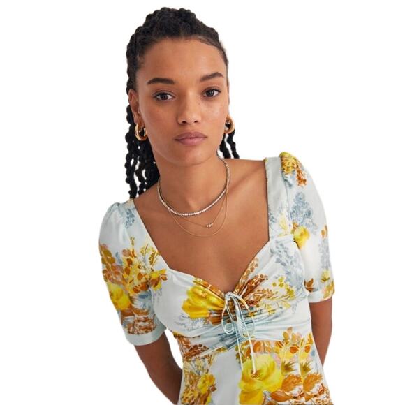 Anthropologie The Vineyard Floral Satin Midi Dress Blue Yellow Puff Sleeve sz 4 - Picture 7 of 8